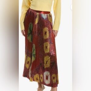 Ulla Johnson Rami Metallic Pleated Floral Maxi Skirt - Red, Yellow, Green